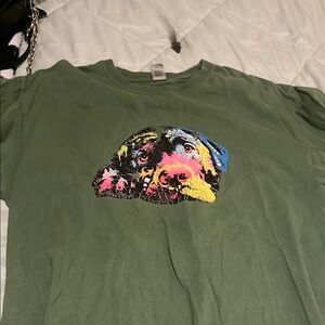 Green T-Shirt with Colorful Dog Print